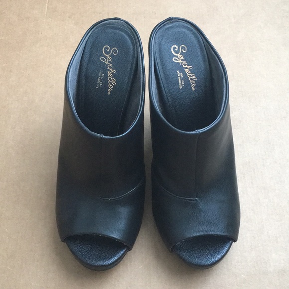 Black leather open toe mule chunky heel sandals - Picture 4 of 8